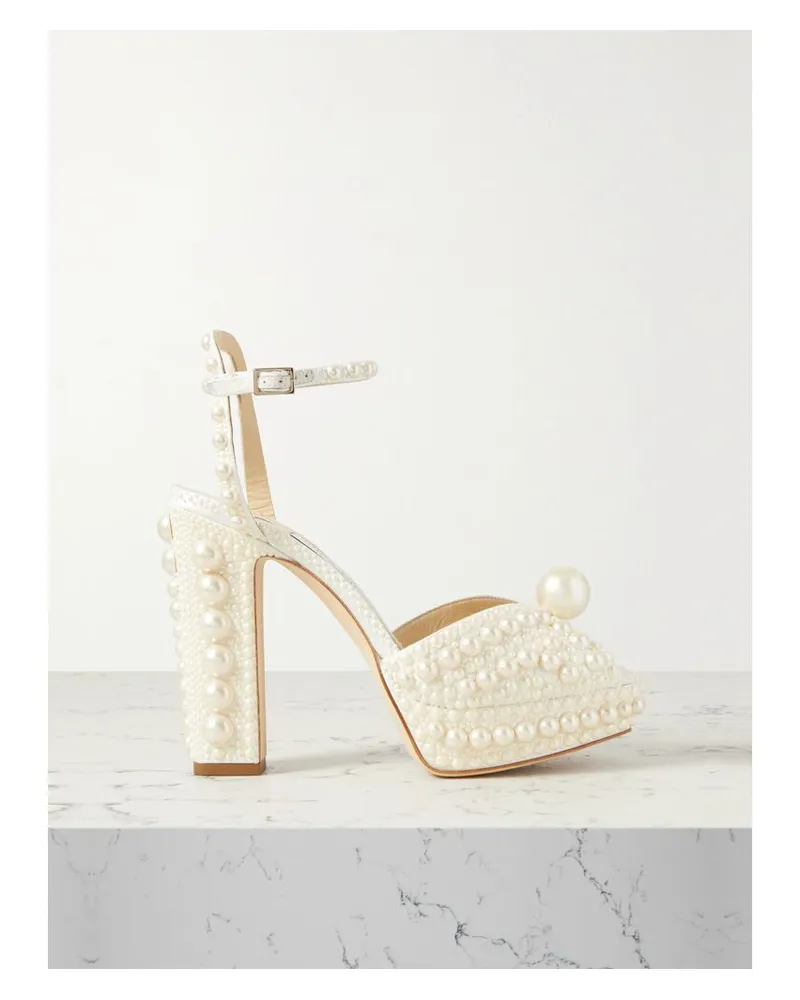 Jimmy Choo Sacaria 120 Plateausandalen Aus Satin Mit Kunstperlen - Weiß Weiß