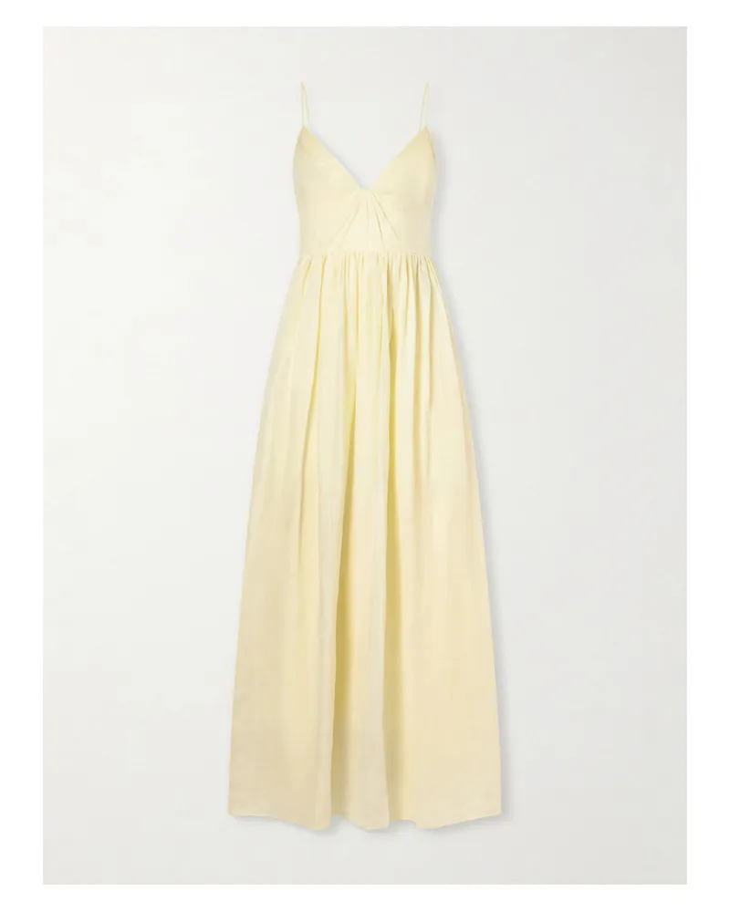 Aje. Vacation Gathered Ramie Midi Dress - Yellow Yellow
