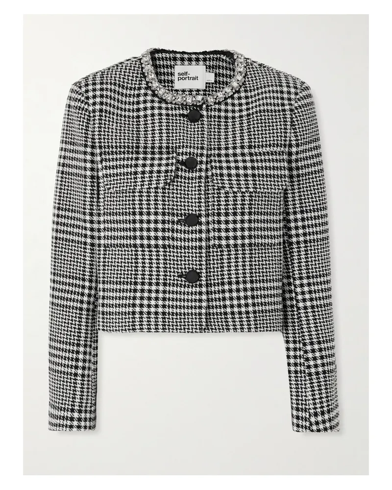 Self-Portrait Jacke Aus Tweed Mit Hahnentrittmuster Mit Kristallen - Grau Grau