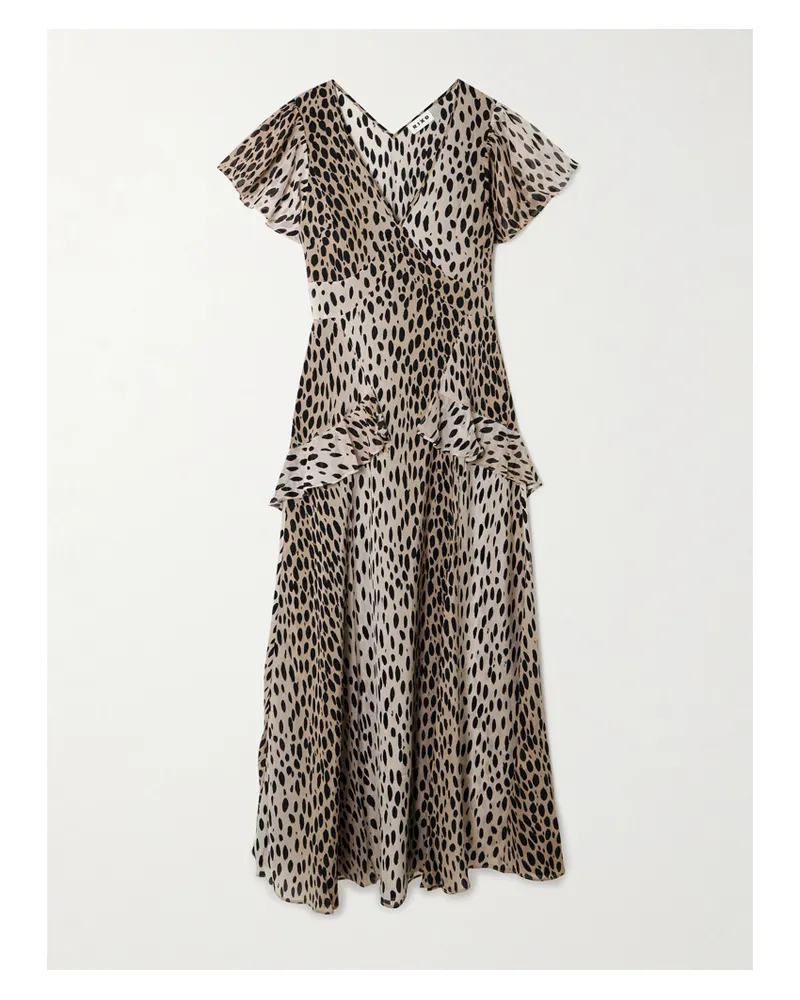 RIXO Evie Midikleid Aus Seidenchiffon Mit Leopardenprint Und Rüschen - Animal-Print Animal-print