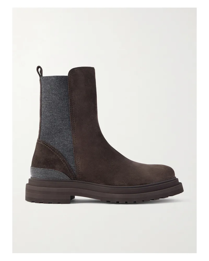 Brunello Cucinelli Bead-embellished Suede Chelsea Boots - Brown Brown