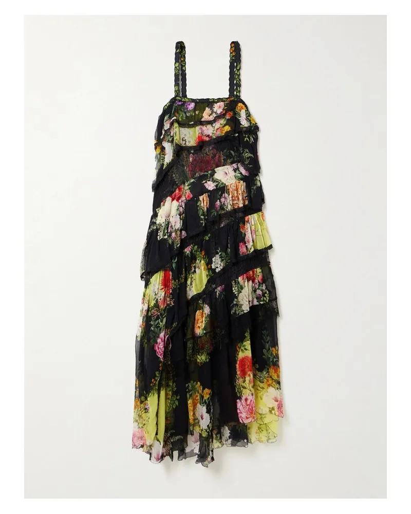 Camilla Asymmetrisches Midikleid Aus Seidenkrepon Mit Blumenprint, Spitzenbesätzen Und Kristallen - Schwarz Schwarz