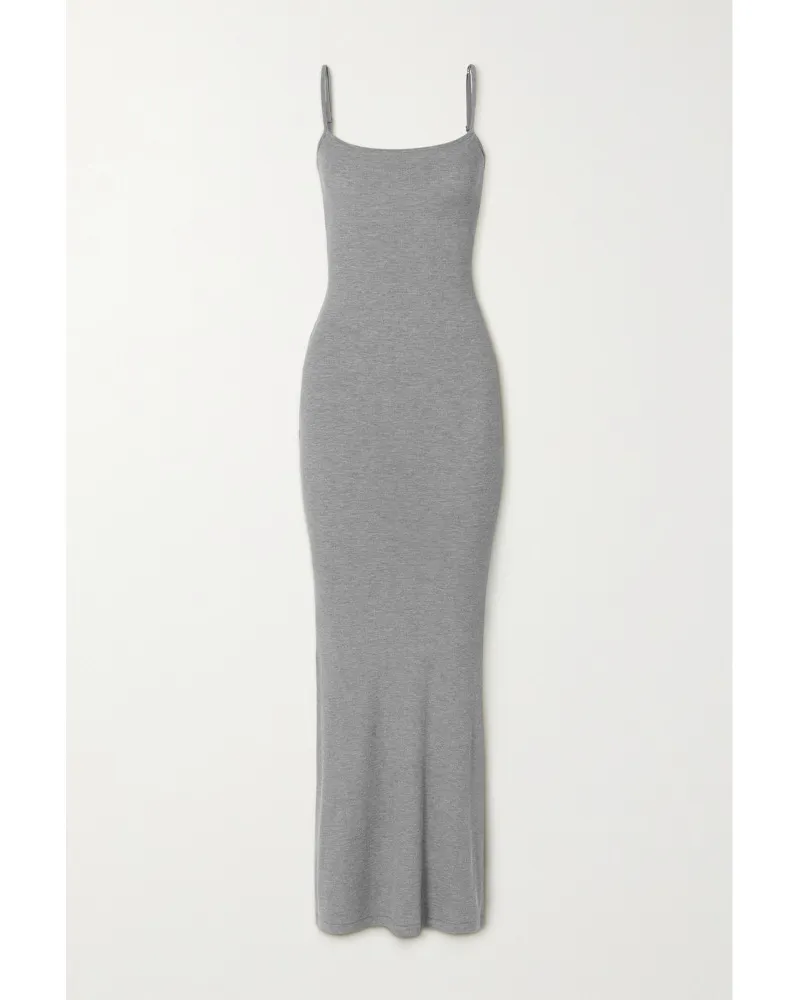 SKIMS Soft Lounge Long Slip Dress – Heather Grey – Maxikleid aus Geripptem Jersey aus Stretch-modal Grau