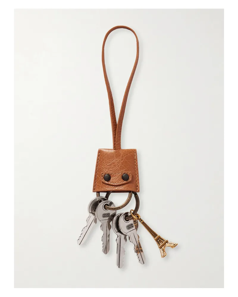 Balenciaga Le City Charm Eiffel Textured-leather, Silver And Gold-tone Bag Charm - Brown Brown