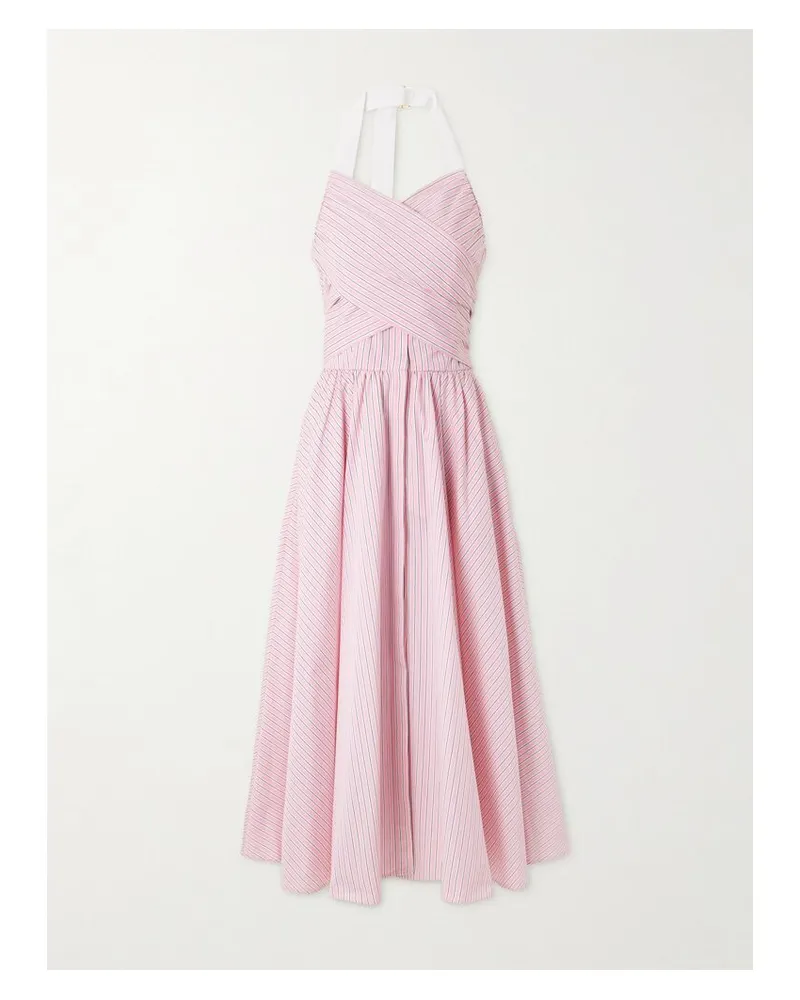 Patou Neckholder-midikleid Aus Gestreifter Baumwollpopeline Mit Falten - Pink Pink