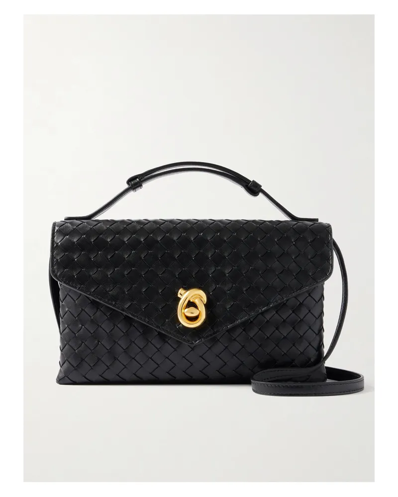 Bottega Veneta Knot Lock Medium Intrecciato Leather Shoulder Bag - Black Black