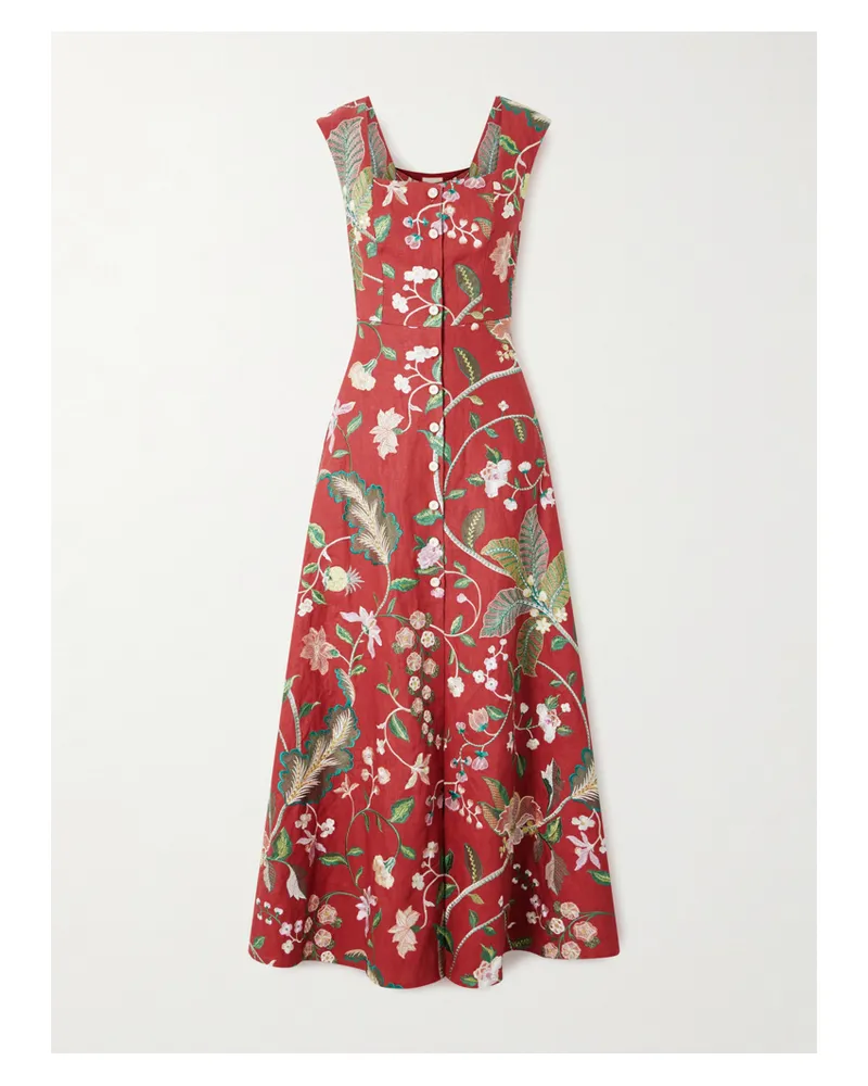Marta Ferri Farfalle Embroidered Linen-blend Maxi Dress Red