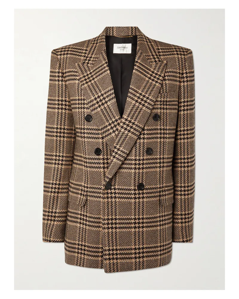 Saint Laurent Double-breasted Checked Silk And Cashmere-blend Blazer - Brown Brown