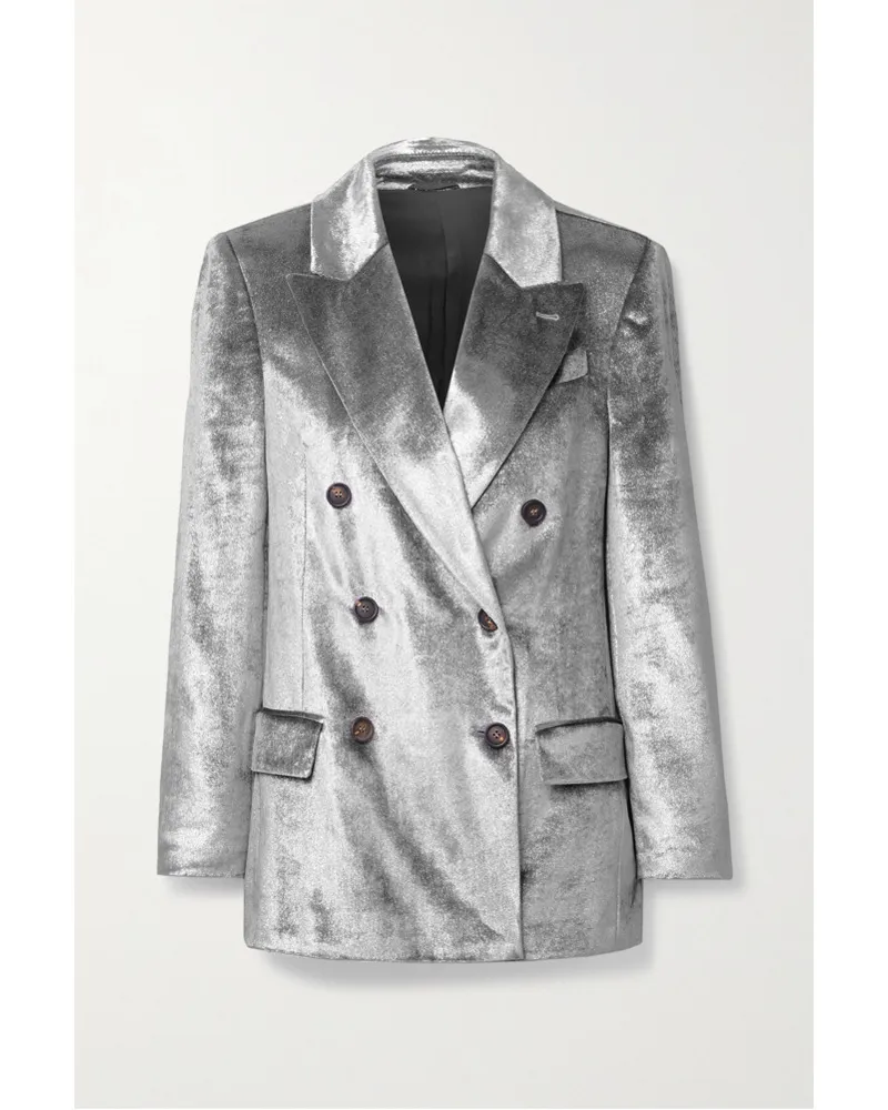 Brunello Cucinelli Doppelreihiger Metallic-blazer aus Samt Silber