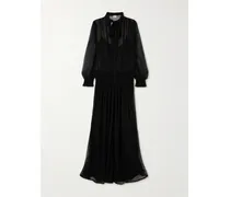 Pussy-bow Shirred Silk-chiffon Maxi Dress - Black