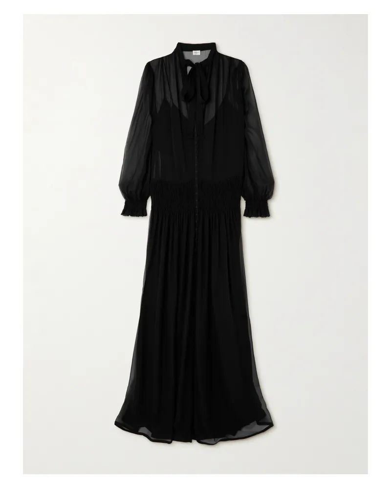 Saint Laurent Pussy-bow Shirred Silk-chiffon Maxi Dress - Black Black