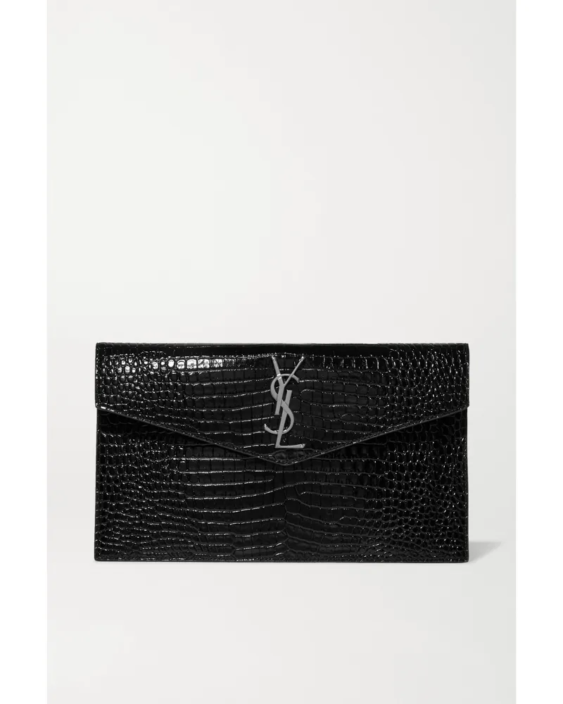 Saint Laurent Uptown Croc-effect Patent-leather Pouch - Black Black