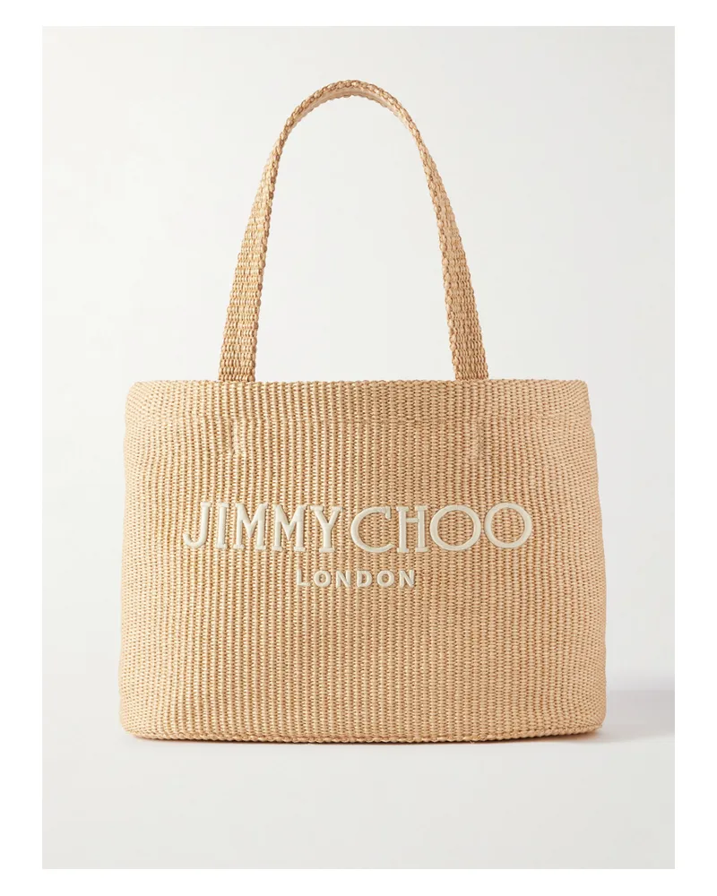 Jimmy Choo Avenue Logo-embroidered Woven Raffia Tote - Neutrals Neutrals