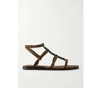 Bead-embellished Suede Slingback Sandals - Brown
