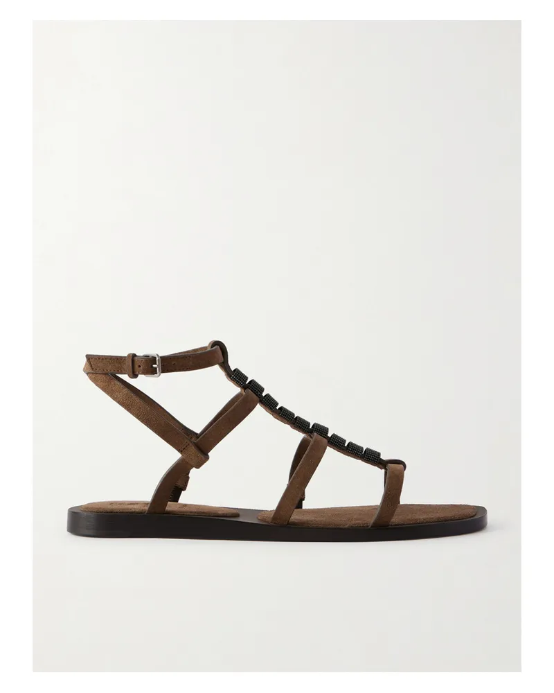 Brunello Cucinelli Bead-embellished Suede Slingback Sandals - Brown Brown