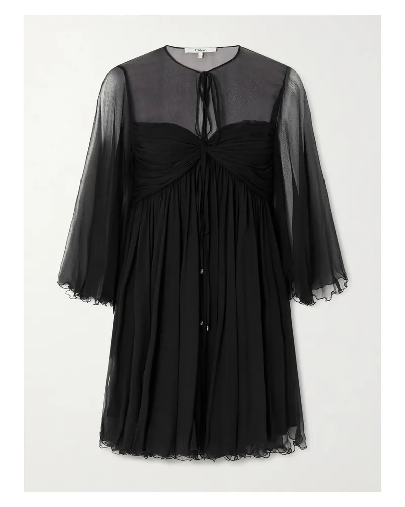 Chloé Tie-detailed Gathered Silk-chiffon Mini Dress - Black Black
