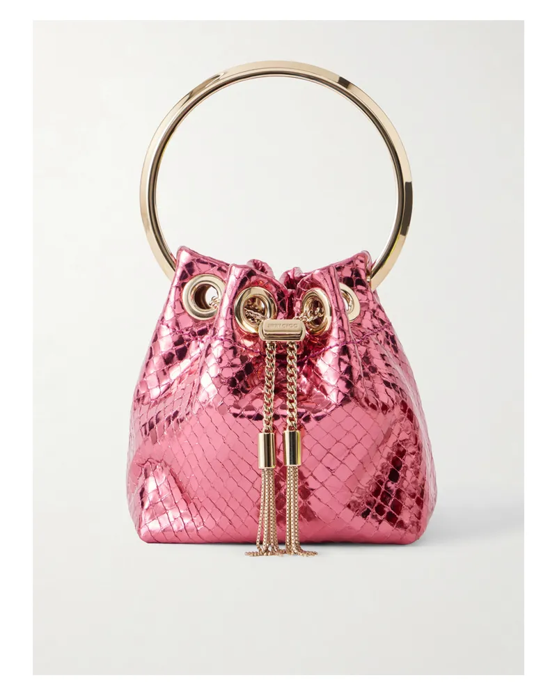 Jimmy Choo Bon Bon Micro Snake-effect Metallic Leather Bucket Bag - Pink Pink