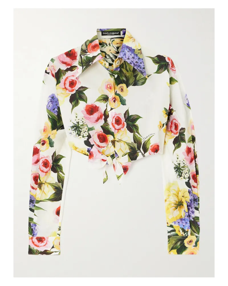 Dolce & Gabbana Verkürztes Hemd Aus Baumwollpopeline Mit Blumenprint Zum Binden - Weiß Weiß
