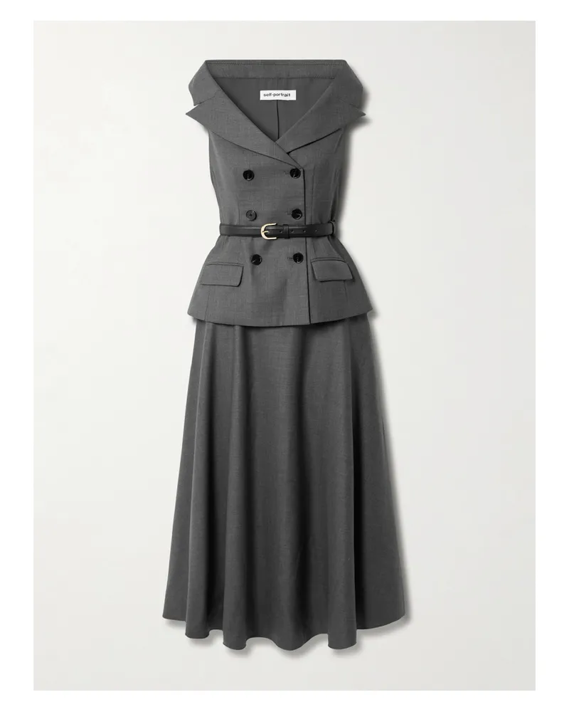 Self-Portrait Midikleid Aus Einer Wollmischung Mit Gürtel - Grau Grau