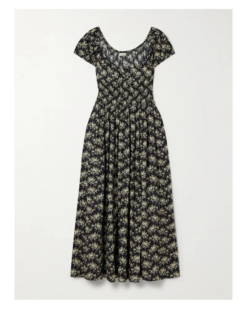 DÔEN Quinley Shirred Floral-print Organic Cotton-voile Midi Dress - Black Black