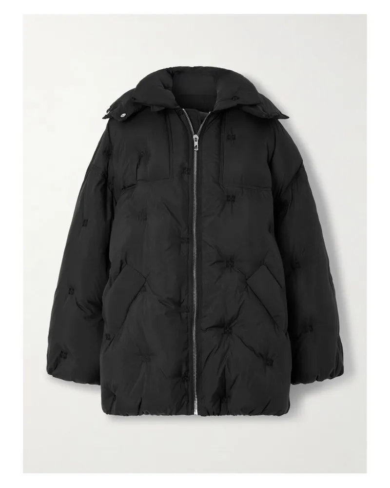 Ganni Jacke Aus Wattiertem, Recyceltem Shell Mit Kapuze Und Logostickereien - Schwarz Schwarz