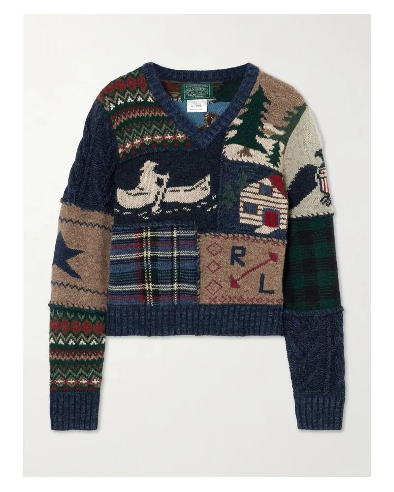 Ralph Lauren Verkürzter Pullover Aus Einer Woll-kaschmirmischung In Patchwork-optik - Blau Blau