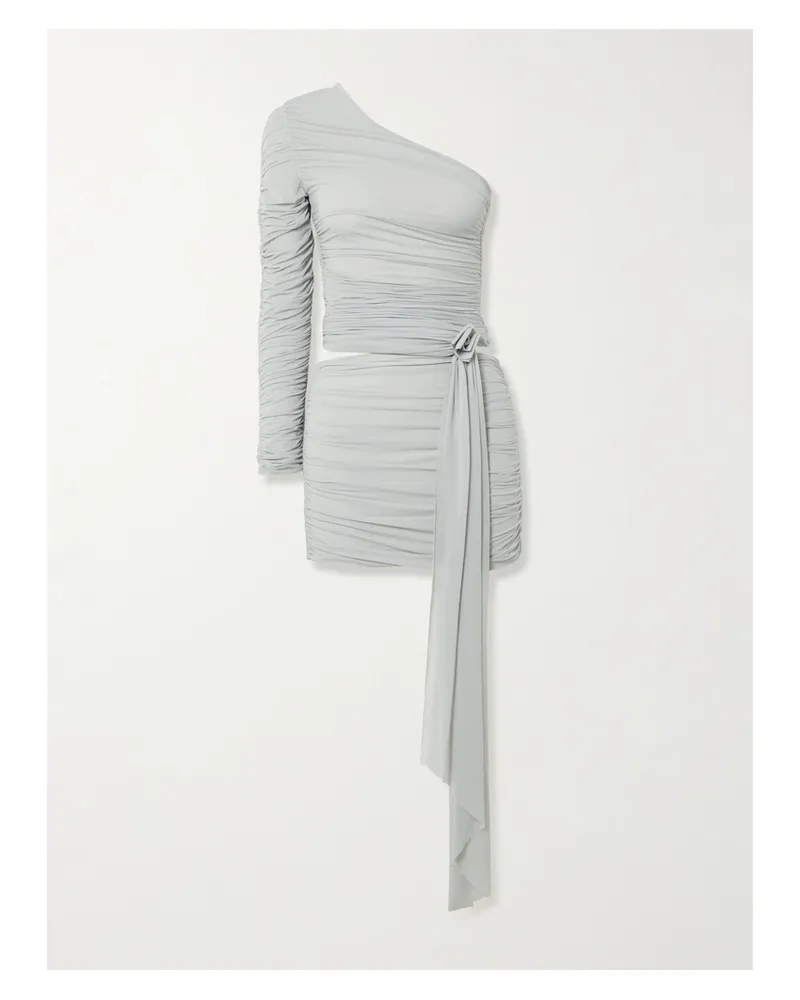 Maygel Coronel Socarras Appliquéd Ruched Stretch-mesh One-shoulder Top And Mini Skirt Set - Gray Gray