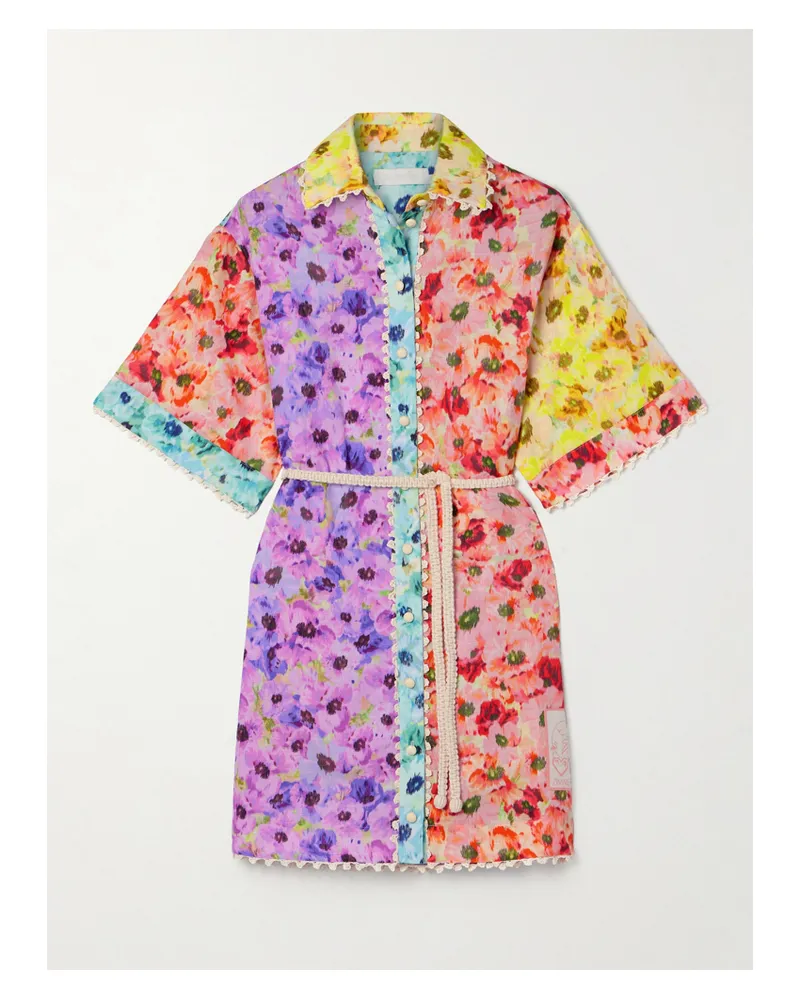 Zimmermann Raie Mini-hemdblusenkleid Aus Baumwolle Mit Blumenprint, Häkelbesätzen Und Bindegürtel In Patchwork-optik - Mehrfarbig Mehrfarbig