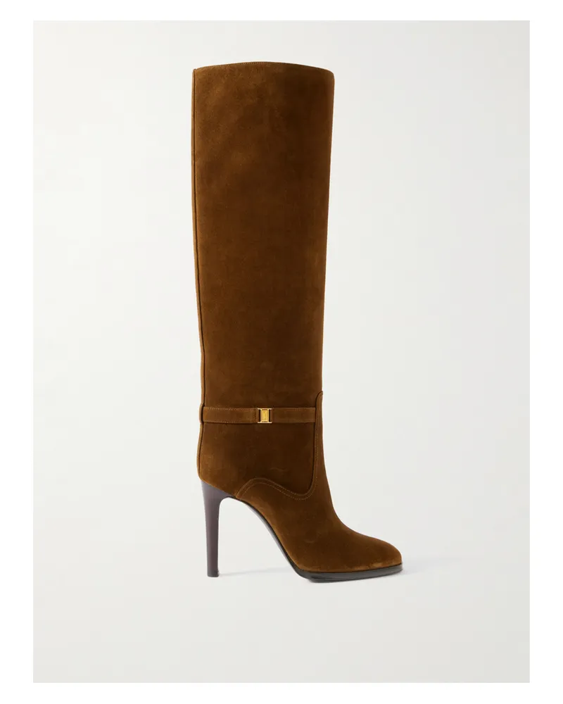 Saint Laurent Diane Logo-embellished Suede Knee Boots - Brown Brown