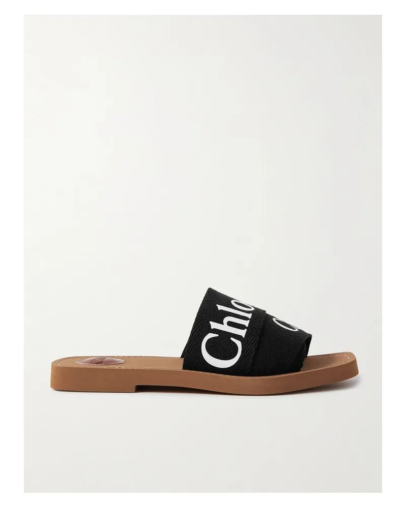 Chloé Woody Pantoletten Aus Canvas Mit Logoprint - Schwarz Schwarz