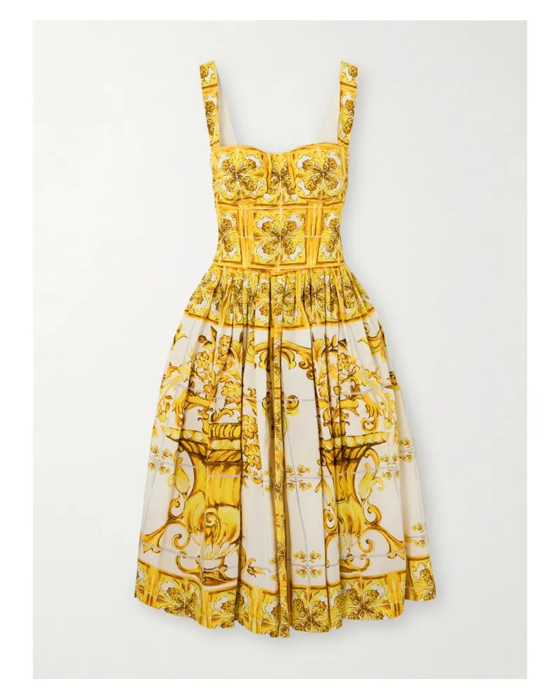 Dolce & Gabbana Maiolica Midikleid Aus Bedruckter Baumwollpopeline Mit Falten - Gelb Gelb