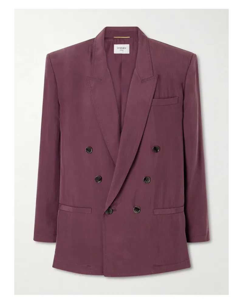 Saint Laurent Double-breasted Silk-habotai Blazer - Burgundy Burgundy