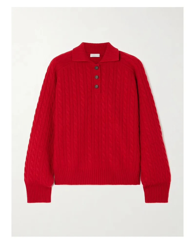 Brunello Cucinelli Pullover Aus Kaschmir In Zopfstrick Mit Polokragen - Rot Rot