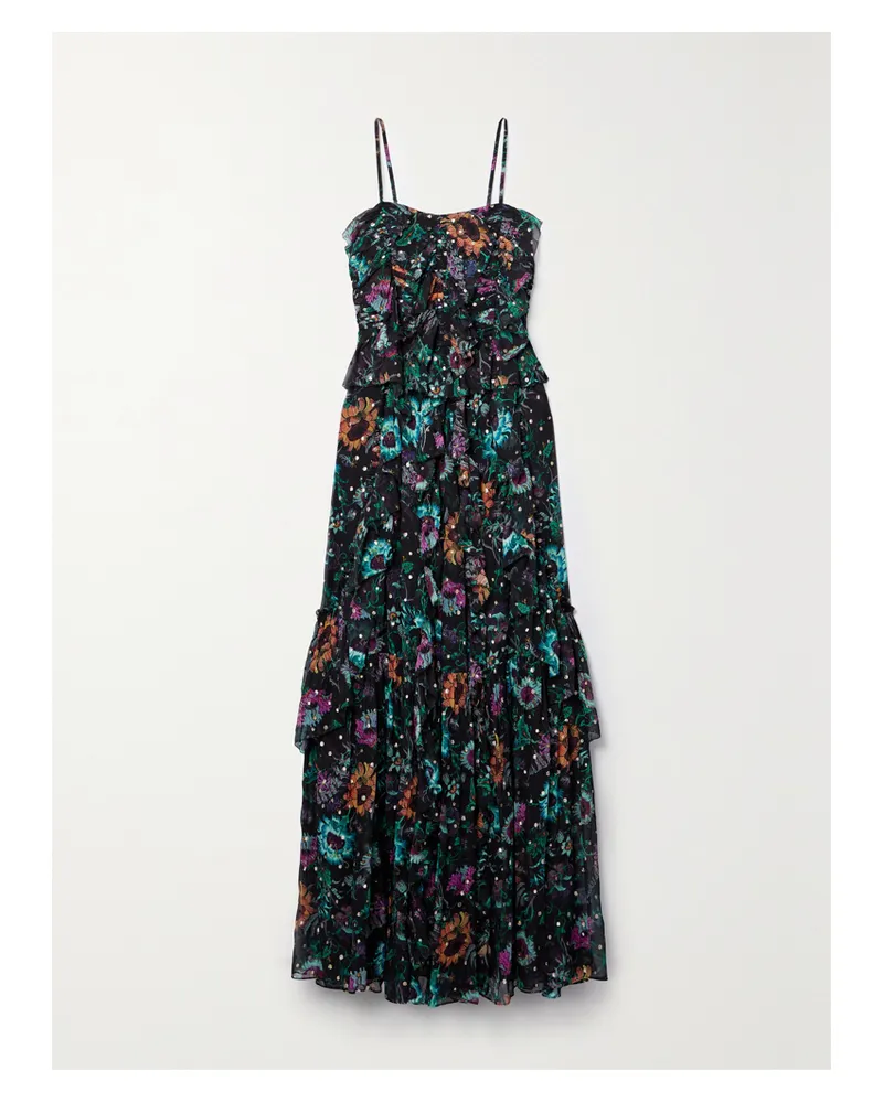 Ulla Johnson Colette Robe Aus Seidenchiffon Mit Fil Coupé, Blumenprint Und Rüschen - Schwarz Schwarz