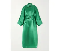 Belted Silk-satin Shirt Dress - Green