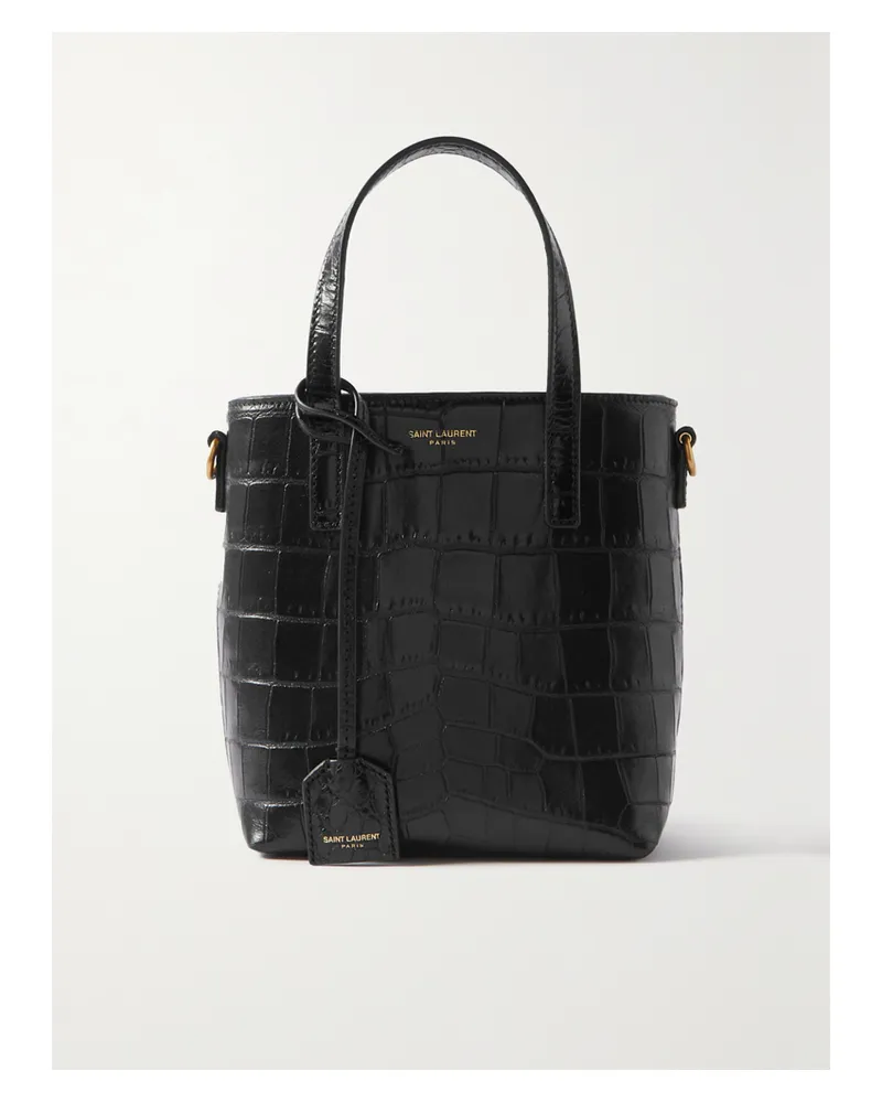 Saint Laurent Mini Toy Shopping Croc-effect Leather Tote - Black Black