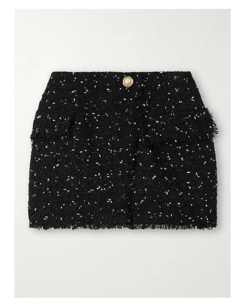 Balmain Minirock Aus Tweed Mit Wickeleffekt, Pailletten Und Fransen - Schwarz Schwarz