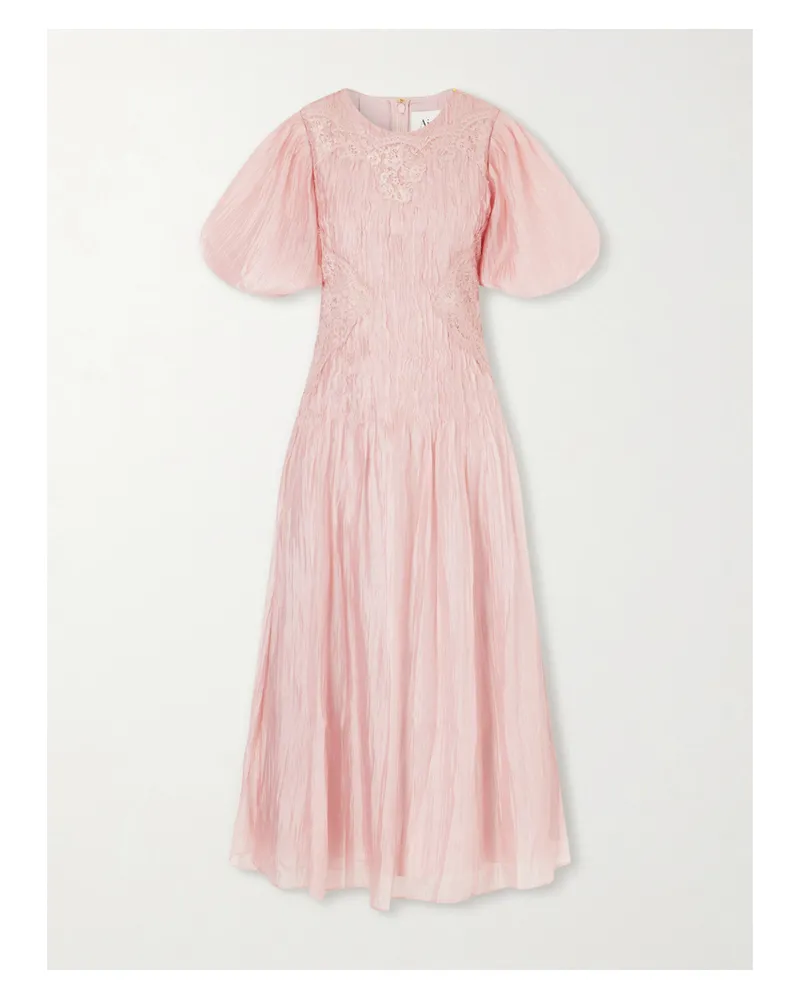 Aje. Ophelia Lace-trimmed Crinkled-satin Midi Dress - Pink Pink