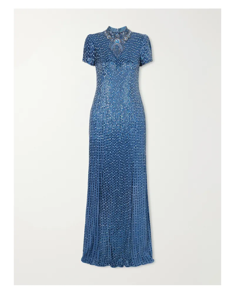 Jenny Packham Amber Cape-effect Embellished Crepe Gown - Blue Blue
