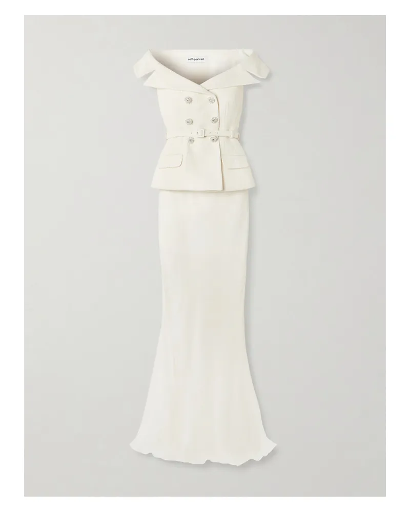 Self-Portrait Off-the-shoulder Belted Metallic Bouclé And Crepe Maxi Dress - Neutrals Neutrals