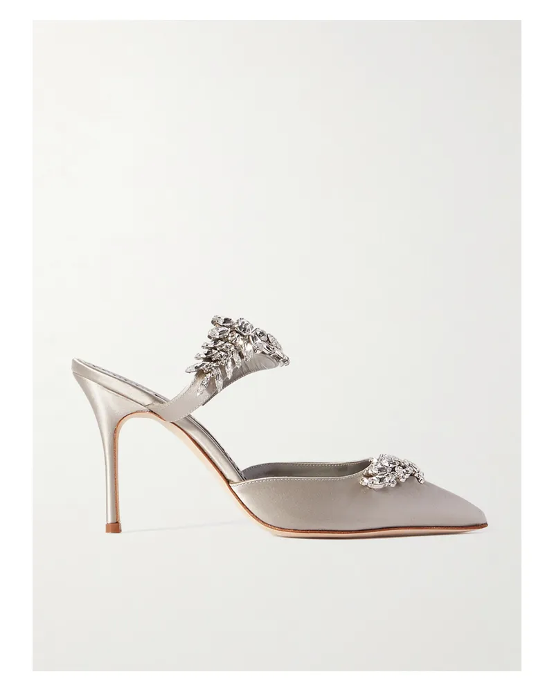 Manolo Blahnik Lurum 90 Crystal-embellished Satin Mules - Gray Gray