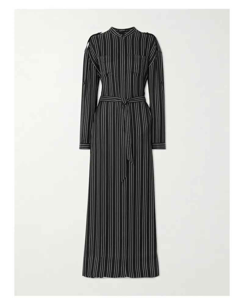 Tom Ford Belted Striped Silk-twill Maxi Dress - Black Black