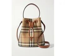 Mini Leather-trimmed Checked Bucket Bag - Neutrals