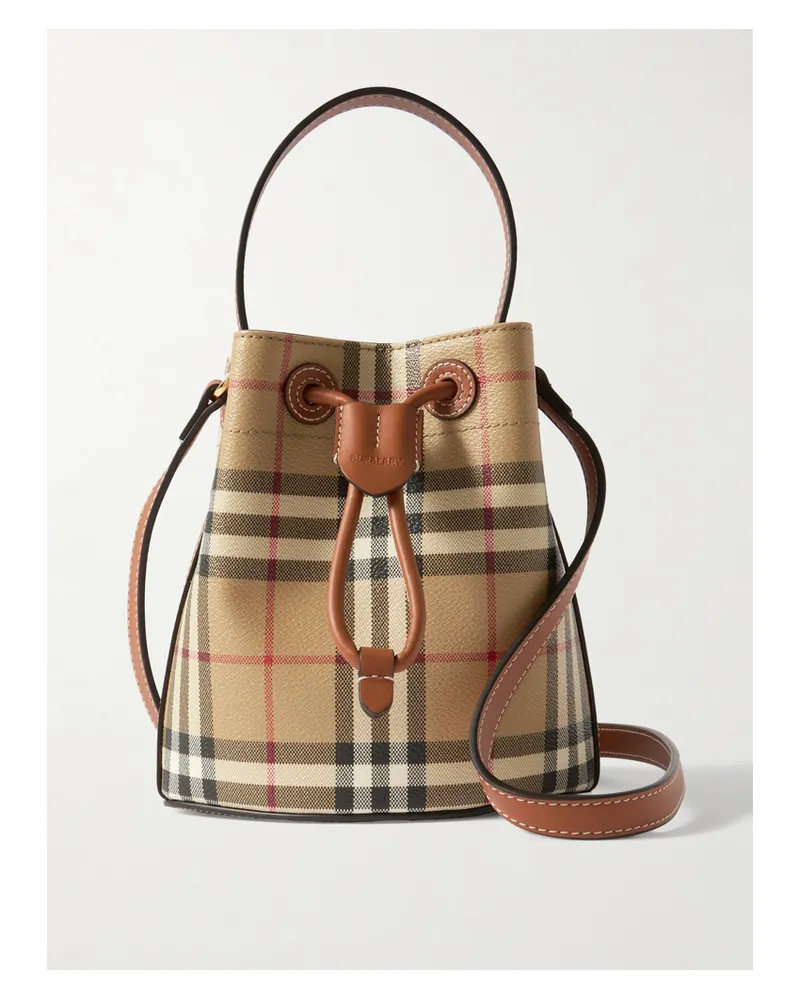 Burberry Mini Leather-trimmed Checked Bucket Bag - Neutrals Neutrals