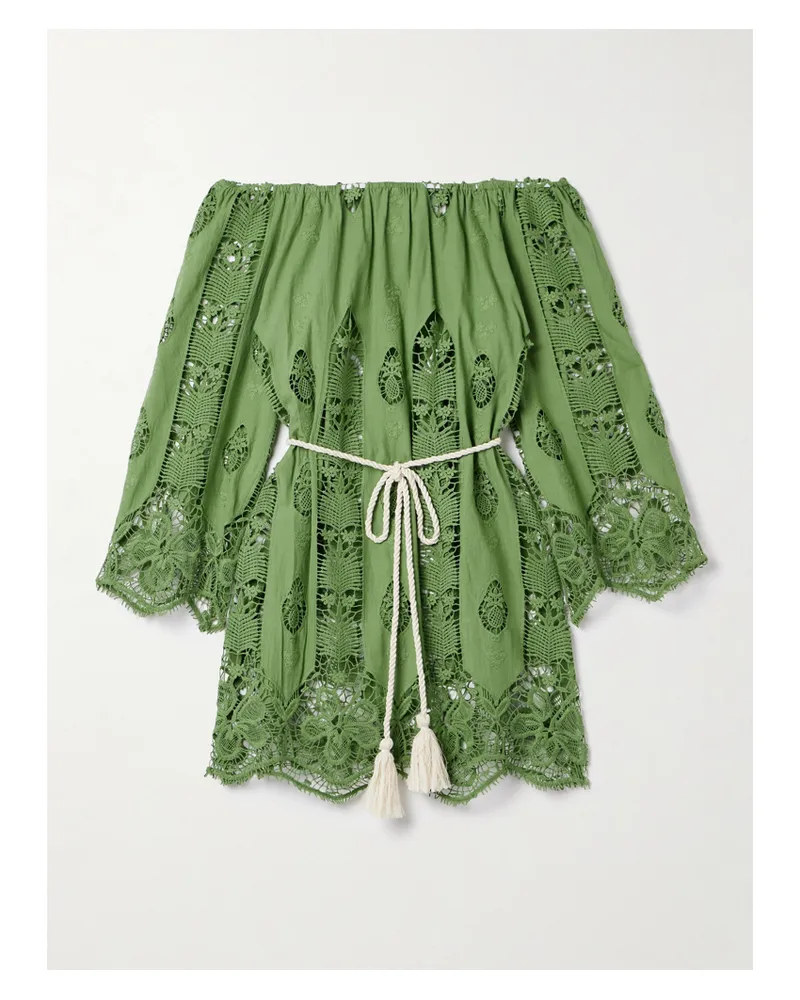 Miguelina Brigette Schulterfreies Minikleid Aus Baumwoll-voile Mit Spitzeneinsätzen, Stickereien Und Bindegürtel - Grün Grün