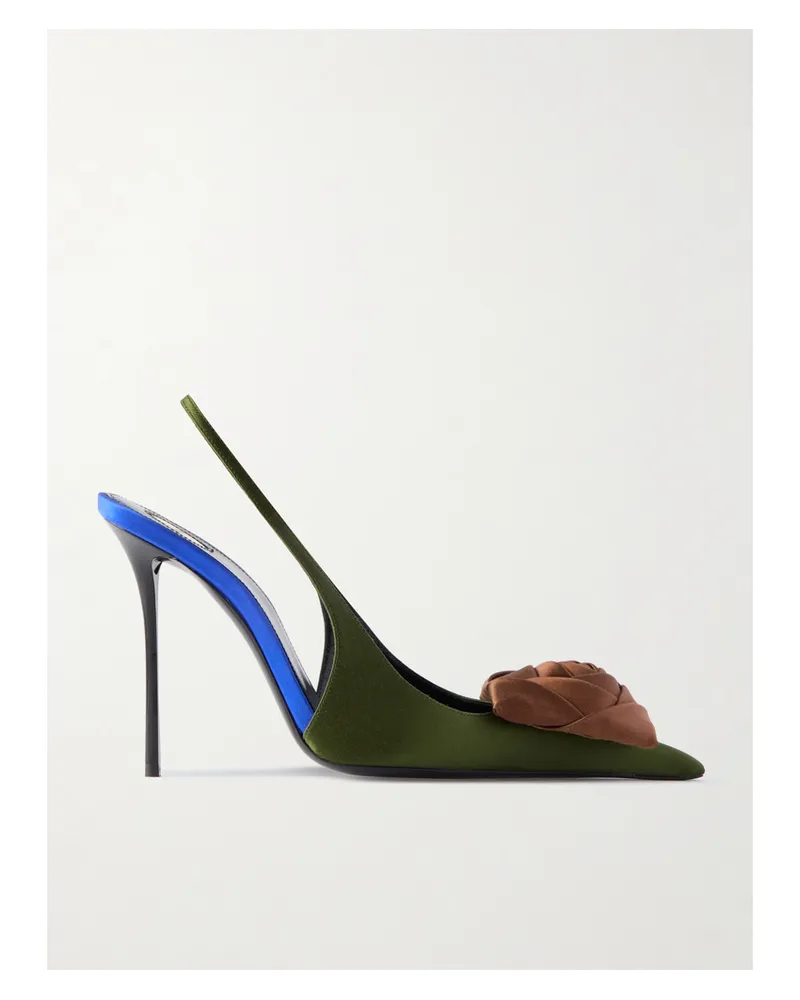 Saint Laurent Amalia Appliquéd Satin Slingback Sandals - Green Green