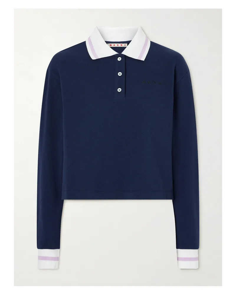 Marni Striped Embroidered Cotton-piqué Polo Shirt - Blue Blue