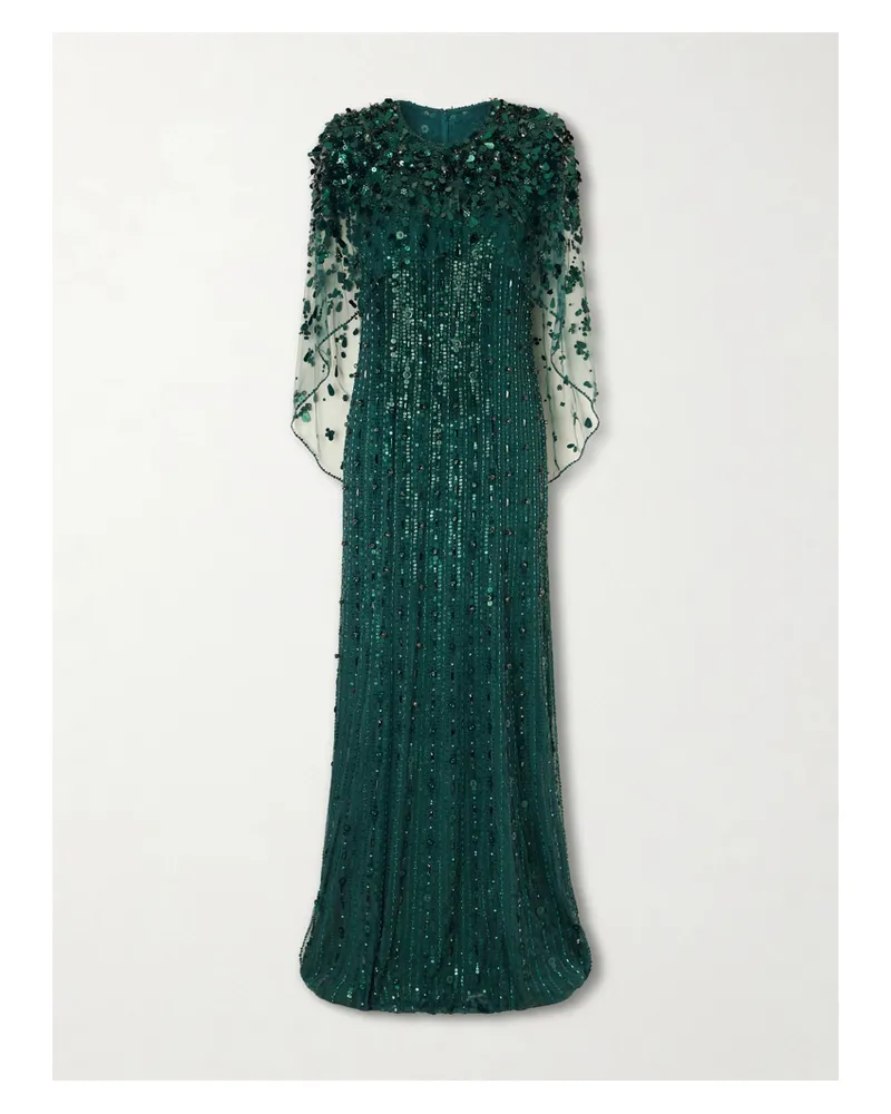 Jenny Packham Nettie Embellished Sequined Tulle Gown - Green Green