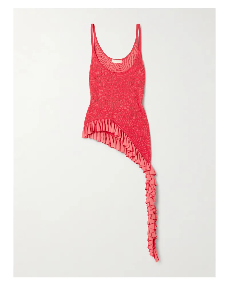 Ulla Johnson Kendra Asymmetrisches Tanktop Aus Zweifarbigem Pointelle-strick Mit Rüschen - Rot Rot