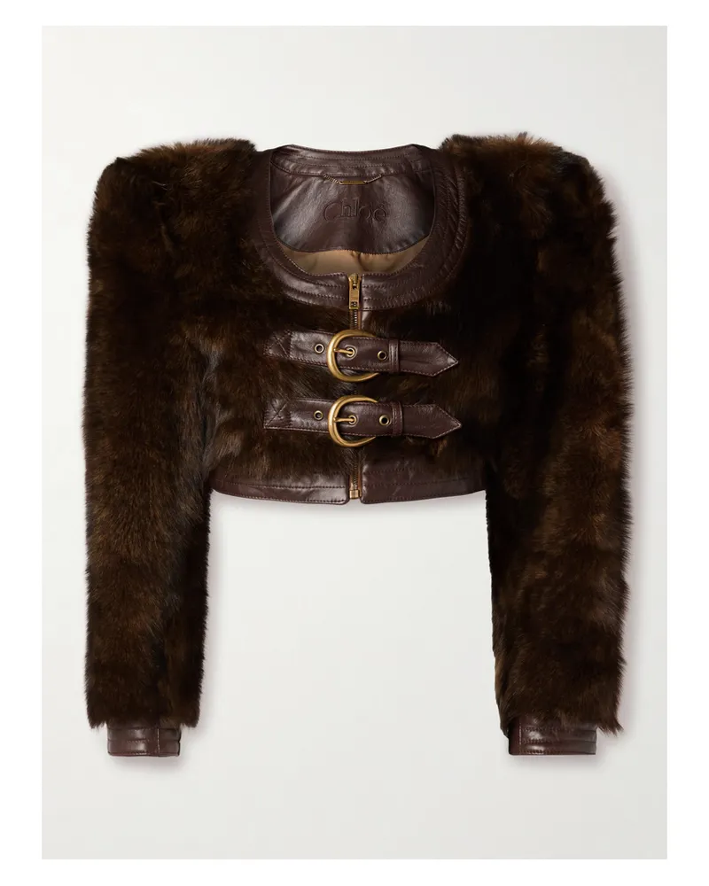 Chloé Verkürzte Jacke Aus Shearling Mit Lederbesätzen - Braun Braun